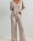 Silvorne beige ribbed knit V-neck loungewear set with wide leg pants.