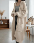 Silvorne beige knitted long sleeve cardigan with pockets, perfect for autumn and winter.