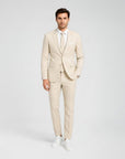Silvorne men's slim fit beige linen suit with a white shirt and tie, ideal for weddings and formal events.