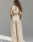 Silvorne women's beige linen blend sleeveless high neck tank top and wide leg pants set