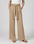 Silvorne women's beige wide-leg trousers with a tied waistband and pockets, casual fit.