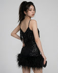 Women's Shimmering Sequin Mini Dress | Glamorous Feather Trim Party Dress 6