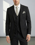 Silvorne men's black tailored fit three-piece suit with a single-breasted one-button jacket, waistcoat, and trousers.