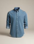 Silvorne men's light blue denim long-sleeve shirt with a turn-down collar and chest pocket. Slim fit.