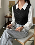 Silvorne blusa de poliéster elegante para mujer, diseño de dos piezas falsas, cuello polo, manga larga, color blanco y negro.