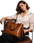 Women's Durable Faux Leather Tote Bag | Spacious Cognac Everyday Handbag 4