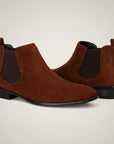 Silvorne men's brown suede square-toe Chelsea boots with elastic side panels and a discreet heel.