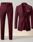 Silvorne men's burgundy two piece suit set with tailored jacket and straight-leg trousers. Features lapel collar, button closure, and woven fabric.