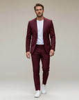 Silvorne men's tailored burgundy two piece suit set with white t-shirt and sneakers.