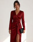 Women's Luxurious Satin Midi Dress | Elegant Wrap Style with V-Neckline 4