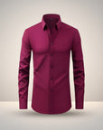 Silvorne Men's slim-fit long-sleeve burgundy dress shirt with stretch fabric and button-down closure.