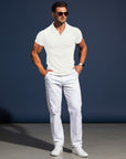 Silvorne camiseta de punto blanca de manga corta para hombre con cuello vuelto, ajuste entallado, ideal para verano.