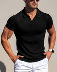 Silvorne camiseta de punto negra de manga corta para hombre con cuello vuelto, ajuste entallado, ideal para verano.