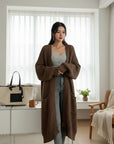 Silvorne mujer cárdigan largo de punto marrón con mangas largas y bolsillos, ideal para otoño e invierno.