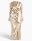 Women's Luxurious Satin Midi Dress | Elegant Wrap Style with V-Neckline 11