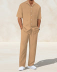 Silvorne conjunto de chándal de poliéster a rayas para hombre, color caqui, manga corta, pantalones casuales.