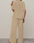 Silvorne conjunto de lino y algodón para mujer, top corto de manga y pantalones anchos color beige