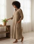 Silvorne beige cotton linen oversized jumpsuit with turn-down collar and wide legs, perfect for summer.