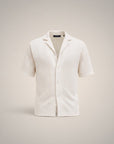 Silvorne men's cream open-knit short sleeve button-up shirt with textured chevron pattern and camp collar.