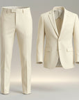 Silvorne men's cream two-piece suit set with tailored jacket and straight-leg trousers. Classic lapel collar, button closure.