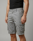 Silvorne men's light grey cotton cargo shorts with elasticated waist, button fastening, and multiple flap pockets.