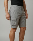 Silvorne men's grey cotton cargo shorts with elasticated waist, button fastening, and multiple flap pockets. Knee-length design for ease of movement.