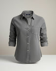 Silvorne men's slim-fit grey long-sleeve button-up shirt with a chest pocket and turn-down collar.