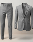 Silvorne men's grey tailored two piece suit set with lapel collar jacket and straight-leg trousers.