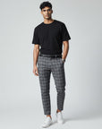 Silvorne Men's slim-fit ankle-length plaid pants in grey woven fabric. Modern tailored silhouette.