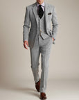Silvorne Men's classic light grey three-piece tweed suit with a structured jacket, waistcoat, and trousers. Features a textured finish and tailored fit.