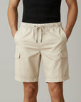 Silvorne men's beige cargo shorts with drawstring waist, side pockets, and cuffed hems.