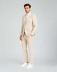 Silvorne men's slim fit beige linen suit with a white shirt and tie, ideal for weddings and formal events.