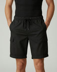 Silvorne men's black cargo shorts with drawstring waist, side pockets, and turned-up hems.