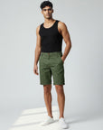 Silvorne men's olive green cotton chino shorts with a relaxed fit and elastic waist detail.
