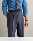 Silvorne men's charcoal grey high-waist straight-leg draped trousers with double button closure and pleats.