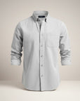 Silvorne men's light grey long-sleeve slim-fit button-up shirt with turn-down collar and chest pocket.