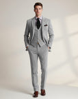 Silvorne Men's classic light grey tweed three-piece suit with a structured jacket, waistcoat, and tailored trousers.