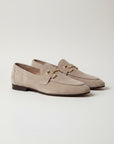 Silvorne men's beige suede loafers with gold horsebit detail and almond toe.