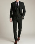 Silvorne Men's classic dark green three-piece tweed suit with a structured jacket, waistcoat, and tailored trousers.