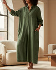 Silvorne mono verde de algodón y lino para mujer, holgado, de manga larga, con cuello vuelto y bolsillos, para verano.