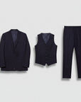 Silvorne men's navy blue 3-piece suit with notch lapel blazer, waistcoat, and trousers. Classic formal wear.
