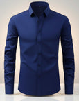Silvorne Men's slim-fit navy blue long-sleeve dress shirt with stretch fabric and button-down closure.