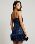 Women's Shimmering Sequin Mini Dress | Glamorous Feather Trim Party Dress 11