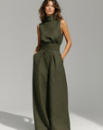 Silvorne women's olive green linen blend tank top and wide-leg pants set with high neck and defined waist.