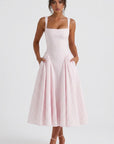Women's Cotton Blend Gingham Midi Dress | Elegant Corset Bodice with Pockets 1
