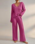 Silvorne women's fuchsia pink ribbed knit V-neck loungewear set with wide leg pants.