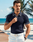 Silvorne polo de punto azul marino de manga corta para hombre con ribete blanco, ideal para verano.