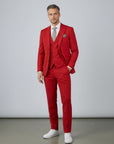 Silvorne men's red three-piece suit with single-breasted one-button jacket, waistcoat, and tailored trousers. Features peak lapels and a grey patterned pocket square.