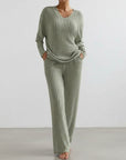 Silvorne sage green ribbed knit V-neck loungewear set with wide leg pants.