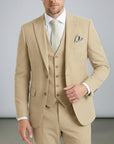 Silvorne men's tan 3-piece suit with single-breasted one-button jacket, waistcoat, and tailored trousers.